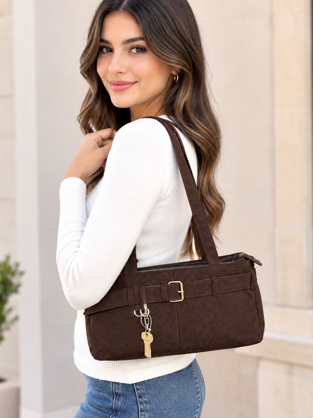 Stylish Brown Shoulder Bag with Key Charm